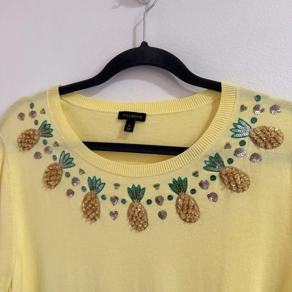 Talbots Sweater XL Yellow Pineapples Sequins Cotton Knit Stretch Crewneck - Picture 2 of 8